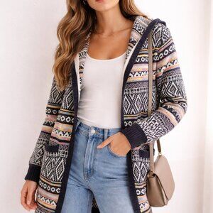 Monteau Hooded Cardigan Aztec Tribal Print Longline Sweater Size S